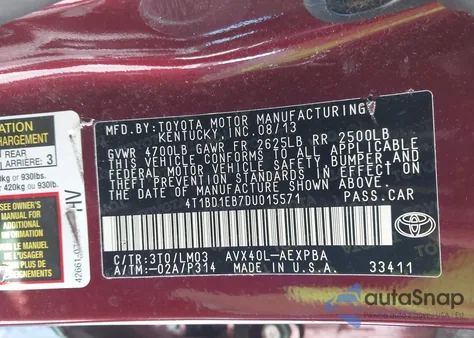 2013 Toyota Avalon Hybrid Limited z USA, uszkodzony, nr VIN 4T1BD1EB7DU015571